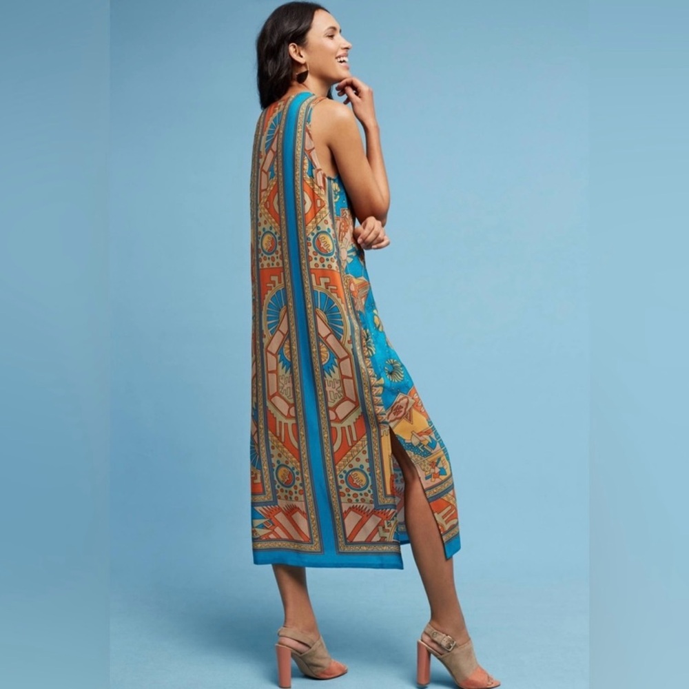 Anthropologie Teal & Orange Printed Maxi Dress